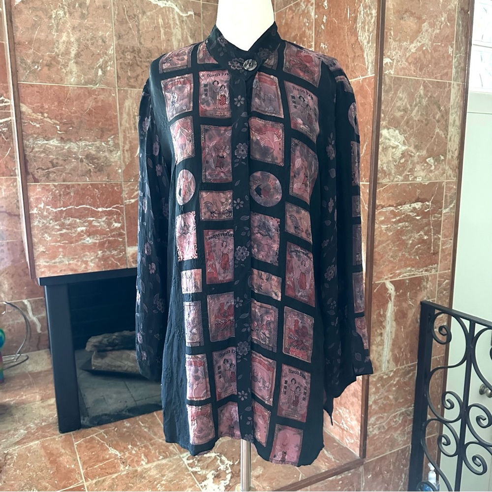 Citron Oversize Asian Design Side Slits Long Sleeves Shirt Top Sz M Black Peach